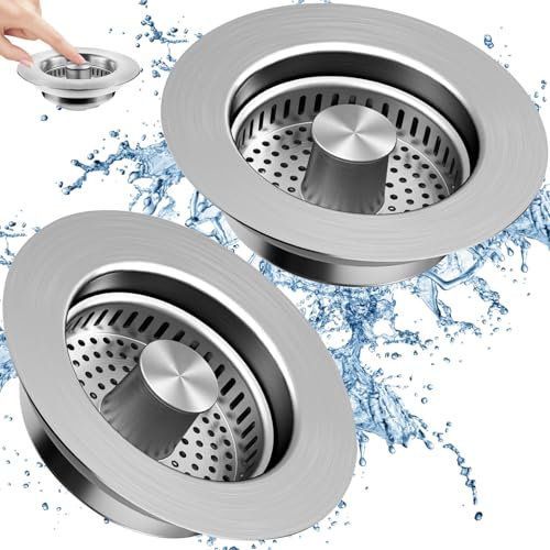 2 Pcs Kitchen Sink Drain Strainer 3 in 1, 304 Sink Bounce Core Drain Strainer with Powerful Sink Stopper - Durable Kitchen Sink Strainer and Stopper Combo for US Standard 3-1/2 Inch Drain