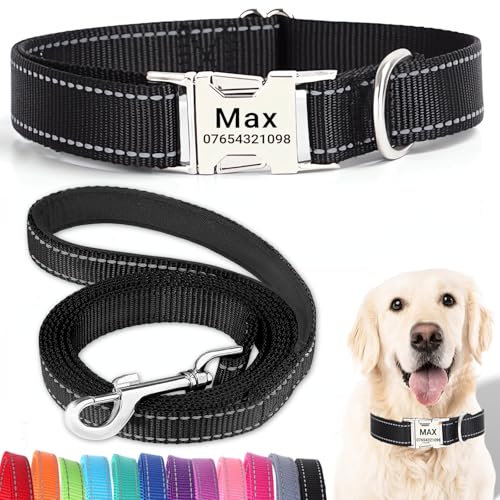 SEOUGEE Personalised Dog Collar and Lead Set with Engraved Metal Buckle, Reflective Nylon Dog Collars and Leash for Medium Dogs with Custom Name Plate Phone Number (Black Set, M:Neck 35-50cm)