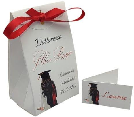 PV Grafik® Bomboniere Laurea Personalizzate 24+24 – Scatoline Portaconfetti con Illustrazione Laureata, Nastro Rosso e Bigliettino – Cartoncino 300g – Made in Italy (Nica L5)