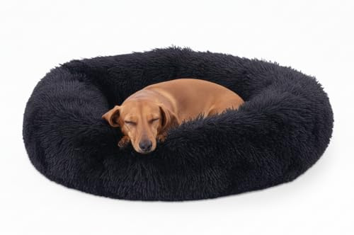 Woof & Whiskers Donut Dog Bed Black Small 50cm – Calming Fluffy Plush Cuddler Bed for Puppies & Cats | Anti-Anxiety Pet Bed, Non-Slip Base, Soft, Machine Washable (Black, 50cm)