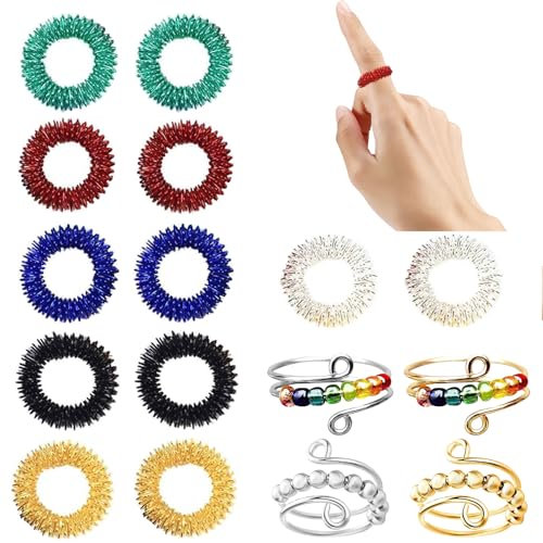 WANAVO Akupressur ring Set,12Stück massageringe für finger und 4Stück Verstellbare anti stress ring,Fingermassagering für Mädchen und Frauen Stress Relief Ängstlichkeit