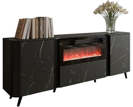 Mirjan24 Kommode Volkiro 200 EF mit Elektrischem Kamin mit Heizung, Realistische LED-Flamme, 3 Türen, Mehrzweckschrank, Highboard, Anrichte (Schwarz/San Sebastian)
