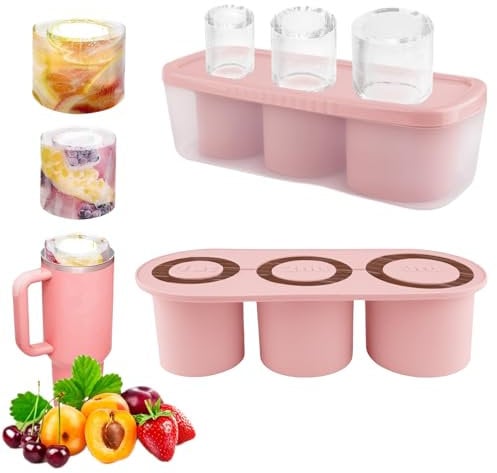 Ice Cube Tray for Stanley Cup 40Oz Tumbler, Stanley Cup ice Mold, Silicone ice Cube Set with lid Making, for Chilling Cocktails, Whiskey, Drinks, Coffee, Easy Fill and Release Ice Make (Pink)