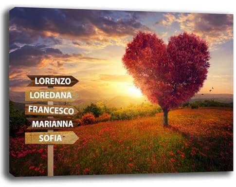 Printerland Quadro personalizzato NOMI FAMIGLIA Albero della Vita Stampa su tela canvas personalizzata Famliari Amore Quadri moderni con Cornice in Legno Inclusa (5 Nomi, 30x40 cm, Canvas intelaiato)