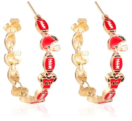 Creolen für Damen am Spieltag, Fußballohrringe Creolen mit Helmtrikot Sportohrringe Rugbyschmuck Geschenkohrringe als Partygeschenk Accessoires für Sportteam-Outfits (Rot Schwarz)