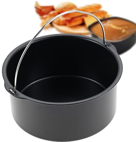 Yetaha Air Fryer Accessories 6/7/8 inch, Cake Barrel Tin Non-Stick Baking Pan, General Air Fryer Accessories Sturdy Steel Pizza Bread Pan Dish with Handle, Non-Stick Baking Pan, Black 6inch