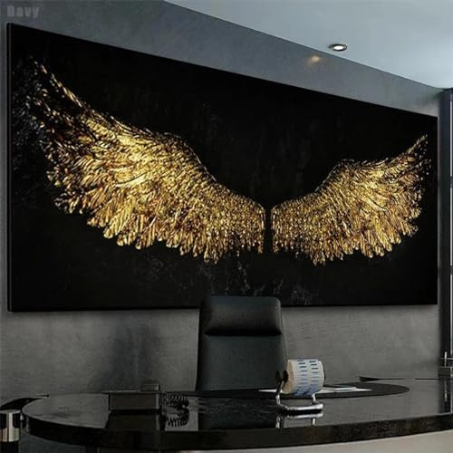KEMEIQI Goldene Engelsflügel, Leinwandgemälde, Graffiti, Schwarz-Weiß-Poster, Drucke, Bilder für moderne Raumhintergrund-Wanddekoration, 90 x 180 cm, rahmenlos