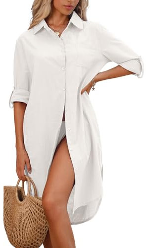 CMTOP Robe de Plage Femme Longue Cache Maillot de Bain Col V Été Robe Chemise Boutonnée Loose Cache-Maillots Tunique de Plage en Coton Décontractée Bikini Cover Up(Blanc, L)