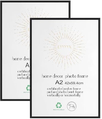 LYYYYX Bilderrahmen DIN A2 42x59,4 cm Schwarz Aluminium Fotorahmen mit Acrylglas zum Senkrechten Oder Waagerechten Aufhängen Poster Art Bilderrahmen for Fotos, Poster, Puzzles,2er Stuck