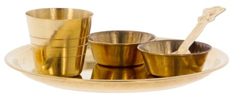 Brass Pooja Bhog Thali Set 5 Piece Indian Plate Thali Bowls Spoon Glass Laddu Gopal Bhog Puja Aarti Samagri Items for Mandir Temple Hindu Festival Janmashtami Wedding Home (No2-13cm)