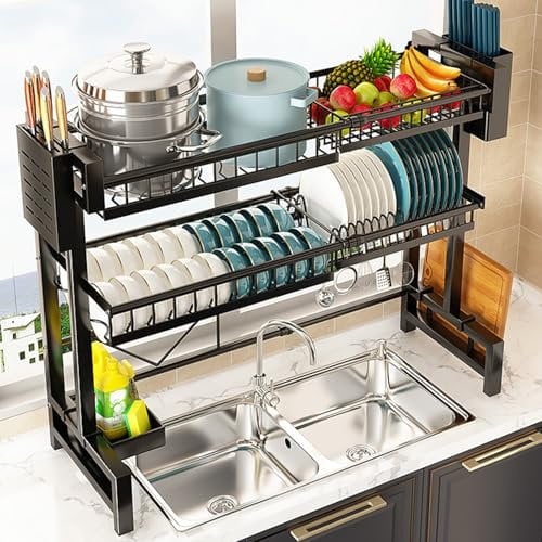 GUIXAN Abtropfgestell für Geschirr über der Spüle, ausziehbare Länge 57–96 cm, Snap-On-Design, 2-stufiges großes Geschirrgestell aus Edelstahl, multifunktionales Küchen-Organizer- und Auf