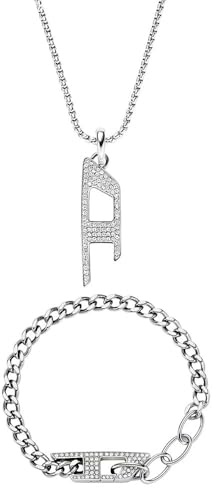 Diesel Herren D-Logo Silberfarbener Edelstahl Halskette und Armband, Set