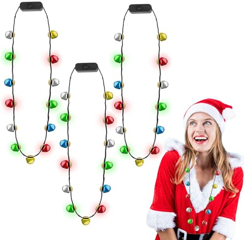 Hifot LED Halskette Weihnachten Accessoires Jingle Bells Halskette LED Weihnachten für Kinder 3 Modi Glocke Weihnachtskette Damen Erwachsener Schmuck Zubehör Weihnachtsfeier 3 Stück