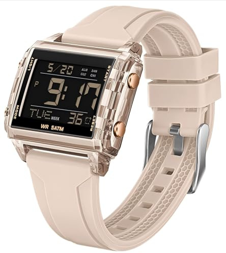Digital Große Zahl Sportuhr Rechteckig Outdoor Wasserdicht Armbanduhr Transparent leuchtende ziffern mit Chronograph Stoppuhr Alarm Multifunktional Digitaluhr für Damen und Herren Beige Unique
