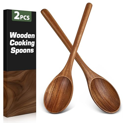 2PCS Wooden Spoons for Cooking, Natural Acacia Wood Cooking Spoons, Large Serving Spoons for Nonstick Cookware, Heat Resistant Durable Wooden Kitchen Utensils for Mixing Salad, Serving and Stirring