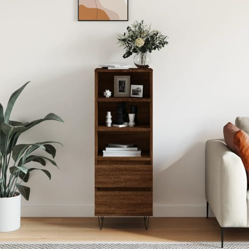 Hoopleep Highboard Braun Eichen-Optik 40x36x110 cm, Holzwerkstoff, Sideboard mit 3 offenen Fächern, 2 Schubladen, Stabiler Schrank für Schlafzimmer, Wohnzimmer