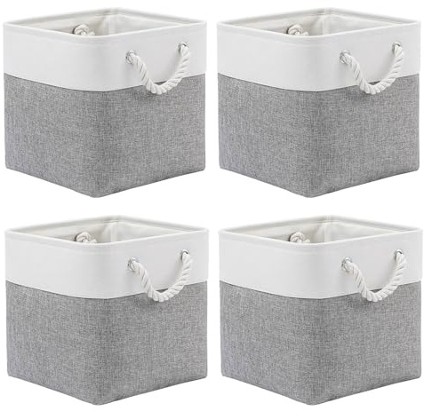 Cube Storage Boxes - 28x28x28cm Storage Cube Boxes 4 Pack Large Foldable Storage Basket Large Collapsible Fabric Storage Bin with Ropes for Clothes,Toys,Cupboards,Home,Office,Closet(White & Grey)