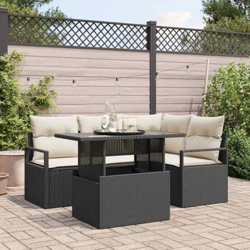 Runheo Garten-Sofa-Set mit Speicher 5-teilig Schwarz Poly Rattan, Modulares Outdoor Lounge Möbel mit Höhenverstellbarem Tisch, UV-beständig für Terrasse Balkon