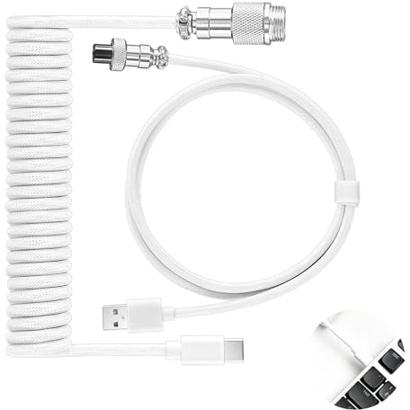 Cable USB C Espiral para Teclado Mecánico Gaming con Conector de Aviador Metálico Desmontable, Cable Teclado Espiral Tipo C a USB A, Compatible con Coiled Cable para Jugadores Profesionales, Blanco