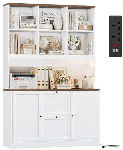 FirFurd Bücherregal Bücherschrank mit 2 Türen 2 Schubladen Steckdosenleiste | Aktenschrank, Mehrzweckschrank, Hängeregistratur für Dokumente in DIN A4- und Letter-Format, 116x40x182cm