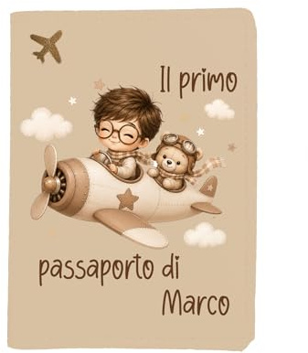 Mr. Gadgets Porta Passaporto Personalizzato Con Nome - Rendi unico il tuo Viaggio In Pochi Click (Beige Bimbo)