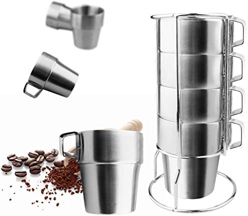 A-SZCXTOP Stainless Steel Coffee Tea Cups Set of 4, Stackable Double Heat Insulation Metal Coffee Mugs with Stand Rack, Camping Cups Perfect for Cold Drinks or Hot Drink (300ml)