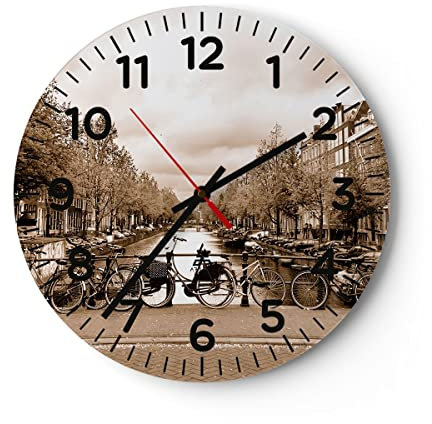 Modern Wanduhr Kanal Fahrräder Amsterdam Zentrum 40x40cm Rund Groß Wand Uhr Glas Analog Zimmeruhren Küche Büro Wohnzimmer Glasuhr Wall Clock Dekoration Design Wanddekoration Küchenuhr C4AR40x40-2971