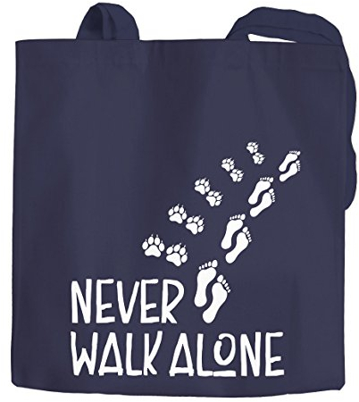 Jutebeutel Never walk alone Hund Pfoten Hundepfoten Pfotenabdrücke Hundebesitzer Baumwolltasche Stoffbeutel Tragetasche Moonworks® navy 2 lange Henkel