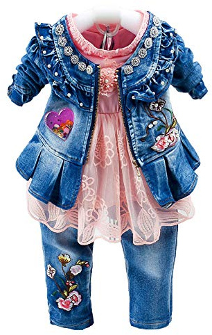 Peacolate 6M- 4J Winter Baby Mädchen Kleidung Set 3 -teilige Outfits Langarm Spitze T-Shirt Reißverschluss Stickerei Jeansjacke und Stickerei Jeans