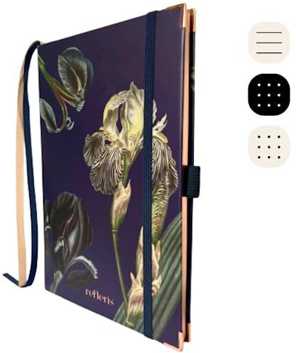 Premium Notizbuch mit Punkten, 120 g/m², dickes Papier, florales A5, Hardcover, metallische Kanten, Stiftschlaufe, 2 Bänder, Innentasche, Tagesaufzeichnung, Tagebuch (Marineblau)