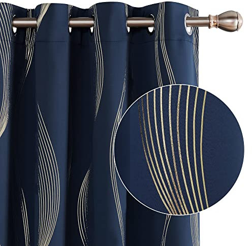 Deconovo Lot de 2 Rideaux Doré Motif Ligne Occultant Thermique Anti Froid, 117x138 CM, Rideau à Oeillets Désign Moderne Chambre Maison Salon, Bleu Marine