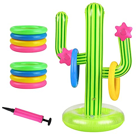 GiantGo Lot de 10 anneaux gonflables en forme de cactus - 1 pompe à air - Jeu de lancer - Pour fête d'été, piscine
