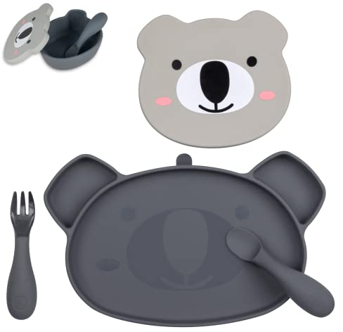 TUM TUM Set de Table Enfant, Assiette Ventouse pour Bébé Bol, Couverts Enfant, 6 m+, Kev le Koala, Gris