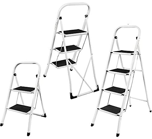 3 Step Ladder Heavy Duty, Folding Step Stool for Work, Household Kitchen Step Fold Away, Non Slip Steel Steps Ladder, Max Load 150kg, Foldable Design - Easy to Storage (White)