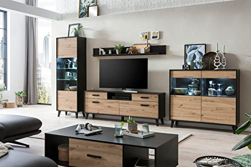 Homeface ARTITA VA Wohnkombination Set 4-Teilig Farbe: Braun/Schwarz – Modern - Wohnwand - TV Wand – Wohnzimmerwand - B/H/T: 407 x 199 x 39,3