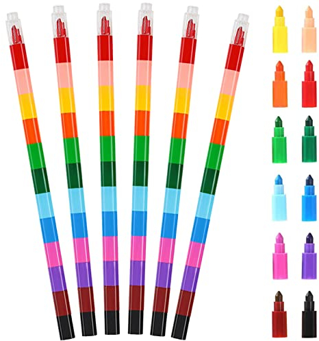 YUTOU 6 Stück Stapelbare Wachsmalstifte Set Stapelbare Buntstifte Kinder Farbwechsel Stift Baustein Buntstifte für Kinder Geburtstag Gefälligkeiten, Party Spielzeug Tasche Füllstoffe (12 Farben)