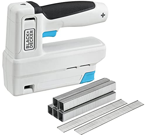BLACK+DECKER 3.6V Akku-Tacker BCN115 (kabellos, mit 2in1 Funktion, für Befestigungs- und Dekorationsarbeiten, Magazin Klammer-Sichtfenster, inklusive USB-C Kabel, Klammern Stiftnägel), Weiß/Blau