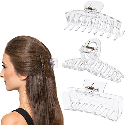 3 Pièces Grosse Pince Cheveux Transparente en Plastique Grande Pince à Griffes pour Cheveux Epais Forte Fixation Dents Interverrouillage Pince à Cheveux Epais Banane Grande Pince Cheveux Femme