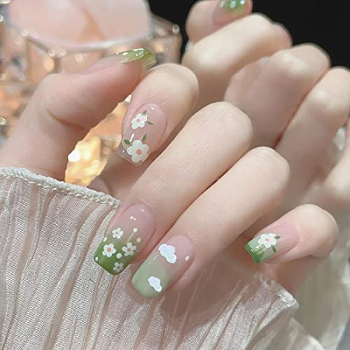 24 Pcs Press on Nails Short False Nails Green False Nails White Flower Fake Nail Glossy Fake Nails Full Cover Nails Art for Women and Girls Daily Decoration