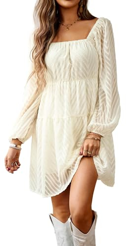 Langarm Kleid Damen Elegant Kurz Chiffonkleid A Linie Minikleider Party Cocktailkleid Square Neck Dress Beige XXL