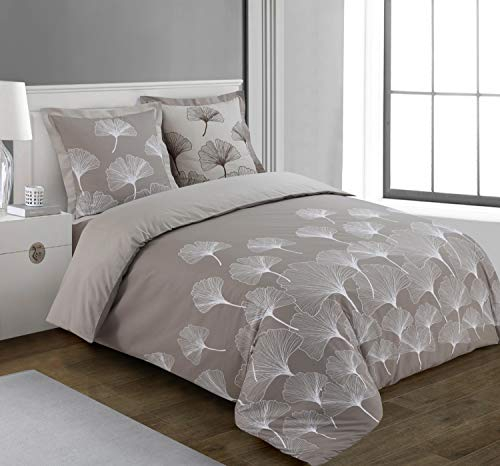 Vision - Parure de lit Réversible Ginko Beige - Set de Housse de Couette 140x200 cm avec 1 taie d'oreiller pour lit 1 Personne - 100% Coton