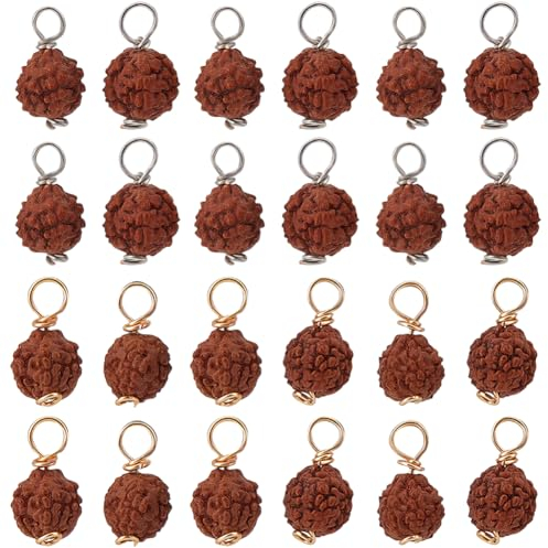 Beebeecraft 1 Box 80 Stück 2 Farben Rudraksha Charm Naturholz Mala Perlen Meditation Gebetsperlen Anhänger Charms Mit Kupferschlaufe Für Schmuck DIY Herstellung von Halsketten