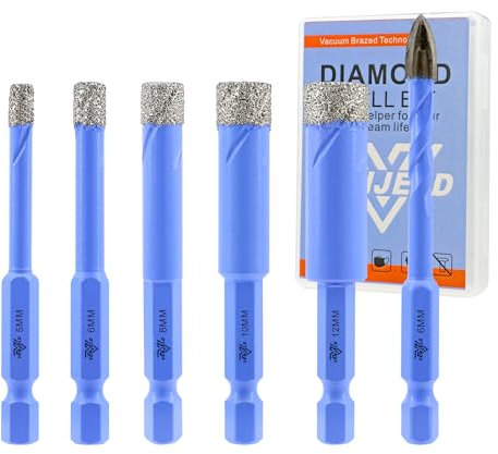 Foret Diamant Carrelage Set - 5Pcs 5/6/8/10/12mm Scie Cloche und 1Pc 6mm Foret en Carbure Perçage à Sec pour Céramique Porcelaine Carrelage Marbre Granit avec Changement Rapide Tige Hexagonale VENJELD