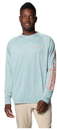 Columbia Men's Terminal Tackle Heather Long Sleeve Shirt, Crushed Blue Heather/Faded Peach Logo, Large