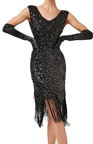1920er Jahre V-Ausschnitt Pailletten Perlen Fransen Kleid mit 20S Vintage Breite Träger Fransen Saum Cocktailkleider für Frauen UK Einfarbig Slim Party Kleider Bodycon Kleid Ballkleider Abendkleider,