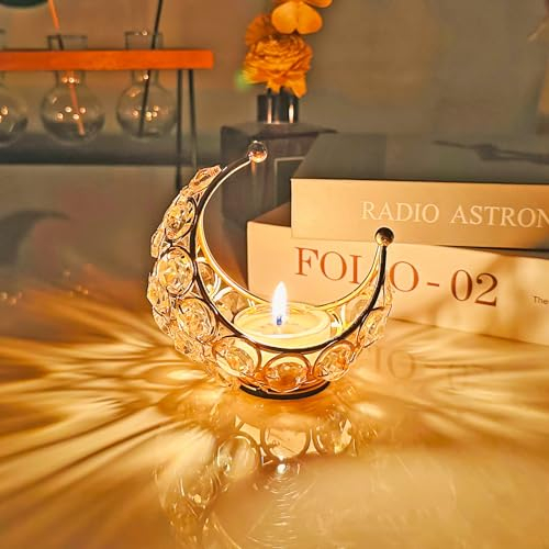 Ramadan Deko Teelichthalter Gold Deko Wohnzimmer Ramadan Moon Kerzenhalter Eid Mubarak Dekoration Kristall Kerzenhalter Ramadan Tischdeko Moon Teelichthalter Metall für Hochzeit Ramadan Dekoration