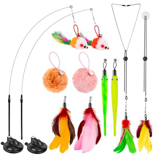 Gvoo Cat Toys, 2 Pack Cats Toy Interactive for Indoor Cats Adult Kitten Toys, with Sticky Super Suction Cup | Detachable 10 Pcs Cat Feather Toy | 2 Wand | Hanging Door Kitten Toys