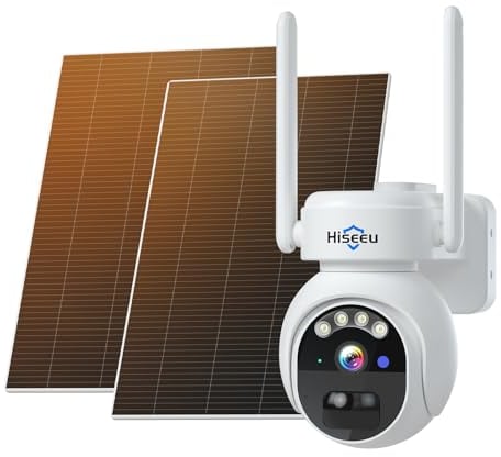 Hiseeu 【24/7 Registrazione】 4MP Telecamera Wi-Fi Senza Fili Esterno Solare, 2K Telecamera WiFi con 2X Pannello Solare Rilevamento Movimento Allarme Sirena, Visione Notturna a Colori, Compatibile Kit