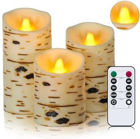 Ulanox LED Kerzen mit Fernbedienung und Timer,Birkenrinden-Design, elektrische kerzen 3er-Set