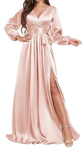 SAYNO Women's Bridesmaid Dresses for Wedding with Long Sleeves V Neck Formal Party Gowns Rose Gold UK16